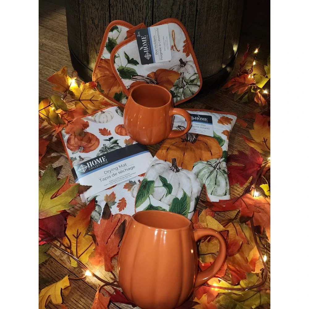 Home Collection Pumpkin Kitchen Set 6pc Mugs Drying Mat Oven Mitt Pot Holders
